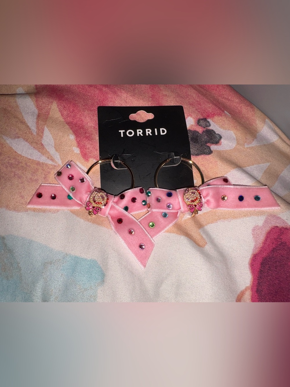 torrid Pink Jeweled Velvet Bow Hoop Earrings with Gold Hoops